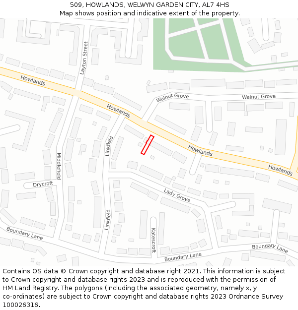 509, HOWLANDS, WELWYN GARDEN CITY, AL7 4HS: Location map and indicative extent of plot