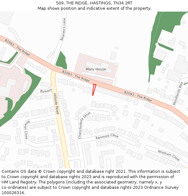 509, THE RIDGE, HASTINGS, TN34 2RT: Location map and indicative extent of plot