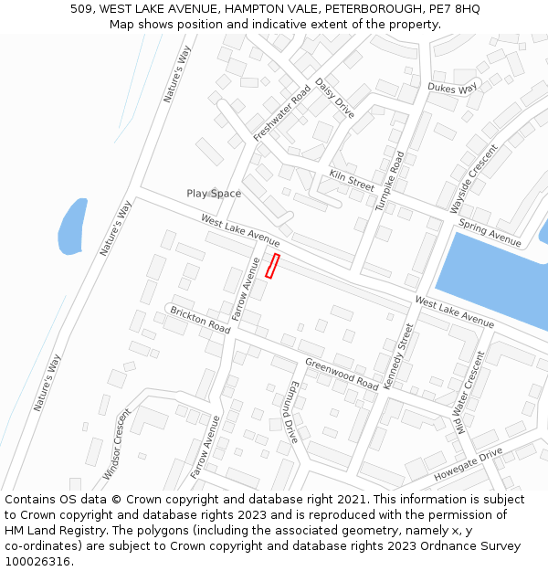 509, WEST LAKE AVENUE, HAMPTON VALE, PETERBOROUGH, PE7 8HQ: Location map and indicative extent of plot
