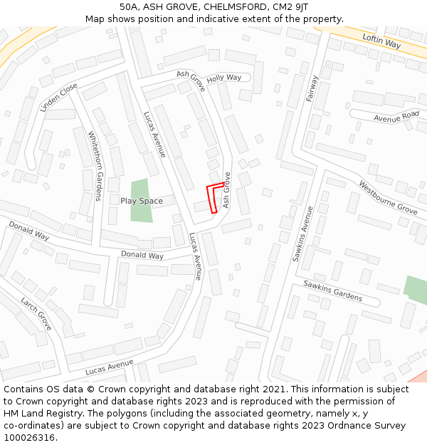 50A, ASH GROVE, CHELMSFORD, CM2 9JT: Location map and indicative extent of plot