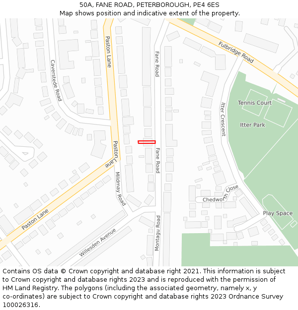 50A, FANE ROAD, PETERBOROUGH, PE4 6ES: Location map and indicative extent of plot