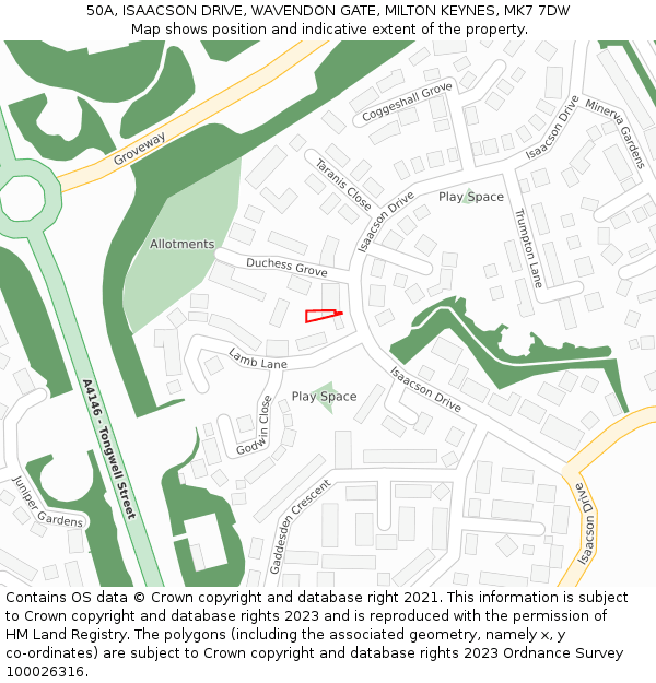 50A, ISAACSON DRIVE, WAVENDON GATE, MILTON KEYNES, MK7 7DW: Location map and indicative extent of plot