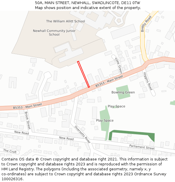 50A, MAIN STREET, NEWHALL, SWADLINCOTE, DE11 0TW: Location map and indicative extent of plot