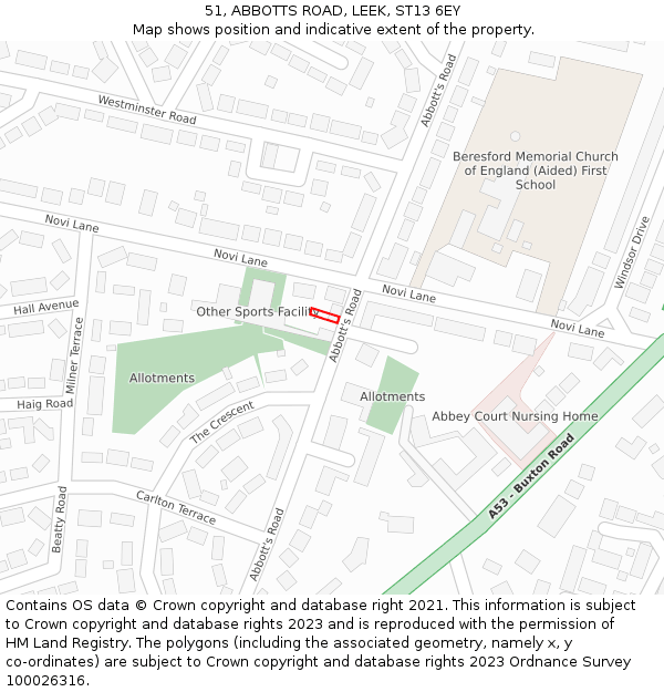 51, ABBOTTS ROAD, LEEK, ST13 6EY: Location map and indicative extent of plot