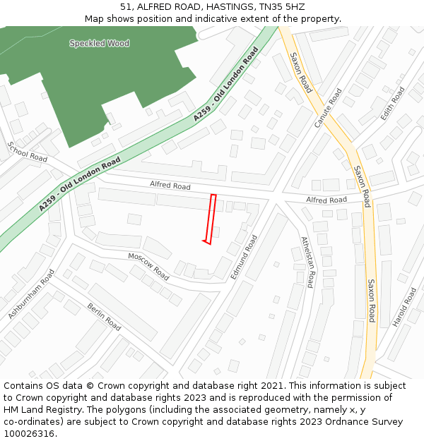 51, ALFRED ROAD, HASTINGS, TN35 5HZ: Location map and indicative extent of plot