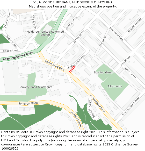 51, ALMONDBURY BANK, HUDDERSFIELD, HD5 8HA: Location map and indicative extent of plot