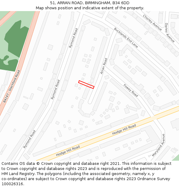 51, ARRAN ROAD, BIRMINGHAM, B34 6DD: Location map and indicative extent of plot