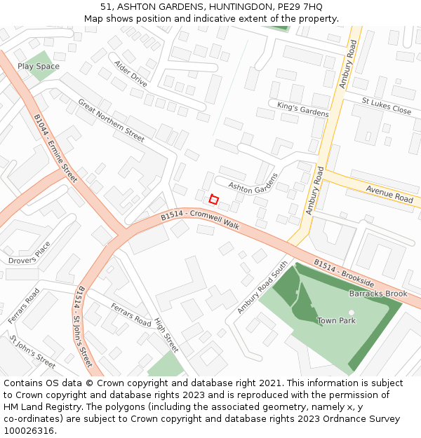 51, ASHTON GARDENS, HUNTINGDON, PE29 7HQ: Location map and indicative extent of plot