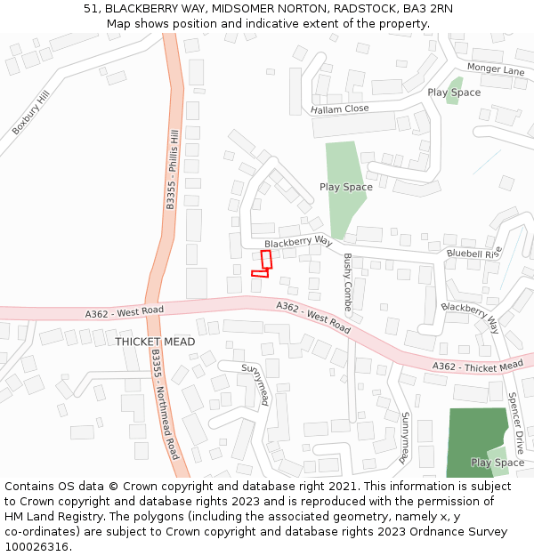 51, BLACKBERRY WAY, MIDSOMER NORTON, RADSTOCK, BA3 2RN: Location map and indicative extent of plot
