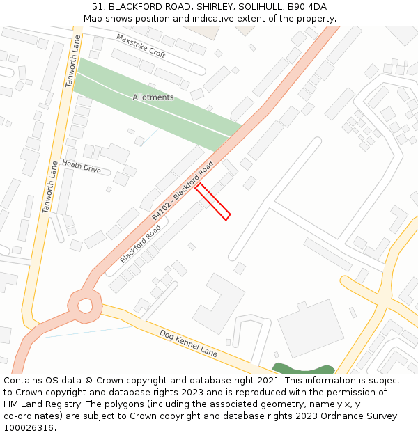 51, BLACKFORD ROAD, SHIRLEY, SOLIHULL, B90 4DA: Location map and indicative extent of plot