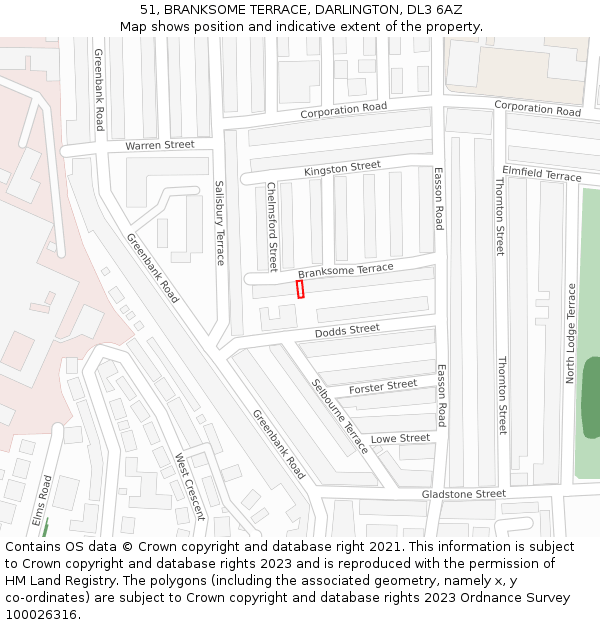 51, BRANKSOME TERRACE, DARLINGTON, DL3 6AZ: Location map and indicative extent of plot