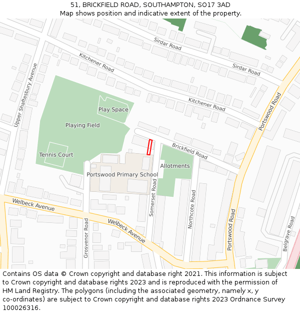 51, BRICKFIELD ROAD, SOUTHAMPTON, SO17 3AD: Location map and indicative extent of plot