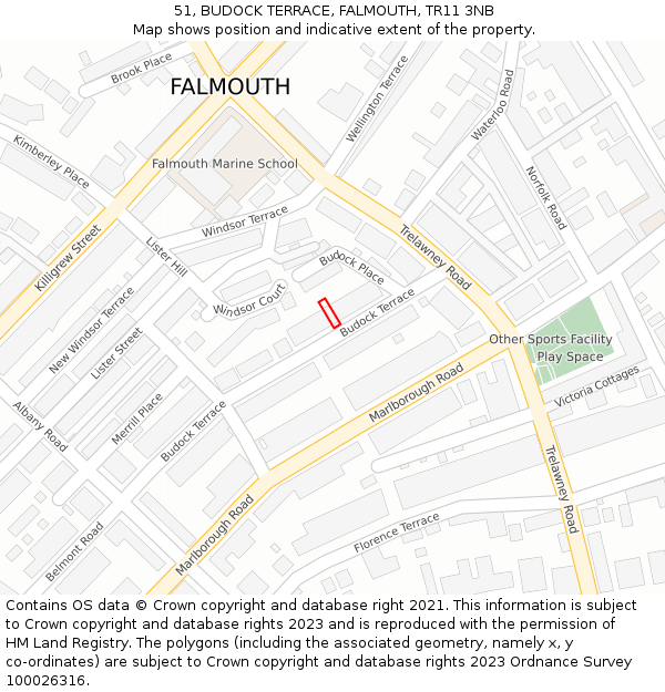 51, BUDOCK TERRACE, FALMOUTH, TR11 3NB: Location map and indicative extent of plot