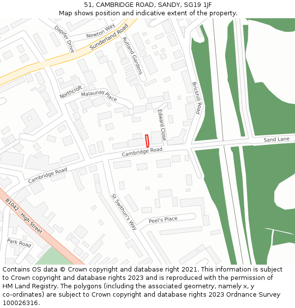 51, CAMBRIDGE ROAD, SANDY, SG19 1JF: Location map and indicative extent of plot