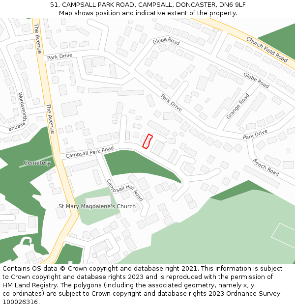 51, CAMPSALL PARK ROAD, CAMPSALL, DONCASTER, DN6 9LF: Location map and indicative extent of plot