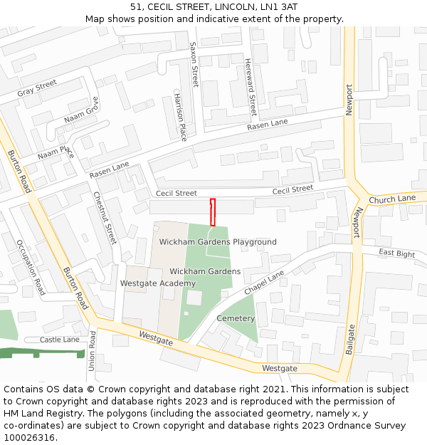 51, CECIL STREET, LINCOLN, LN1 3AT: Location map and indicative extent of plot