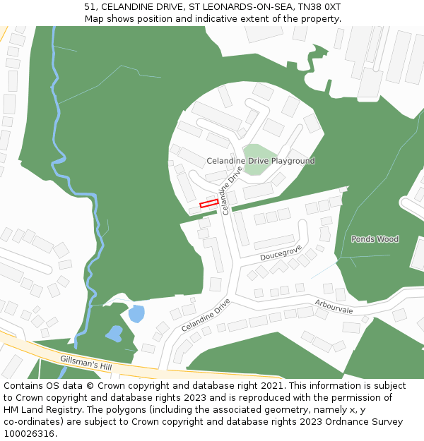 51, CELANDINE DRIVE, ST LEONARDS-ON-SEA, TN38 0XT: Location map and indicative extent of plot