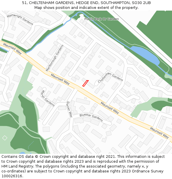 51, CHELTENHAM GARDENS, HEDGE END, SOUTHAMPTON, SO30 2UB: Location map and indicative extent of plot