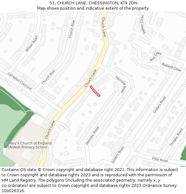 51, CHURCH LANE, CHESSINGTON, KT9 2DN: Location map and indicative extent of plot