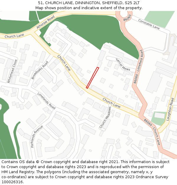 51, CHURCH LANE, DINNINGTON, SHEFFIELD, S25 2LT: Location map and indicative extent of plot