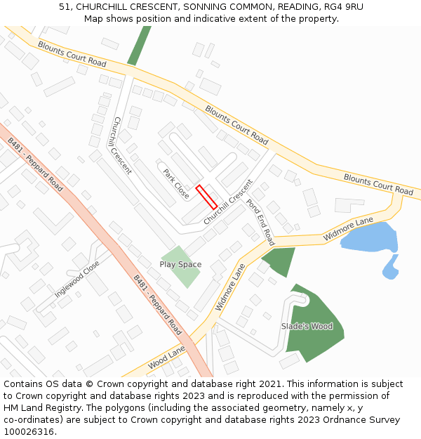 51, CHURCHILL CRESCENT, SONNING COMMON, READING, RG4 9RU: Location map and indicative extent of plot
