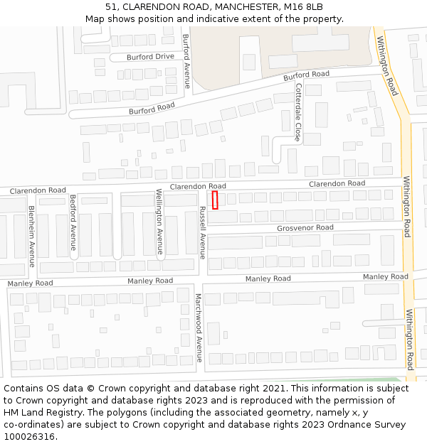 51, CLARENDON ROAD, MANCHESTER, M16 8LB: Location map and indicative extent of plot