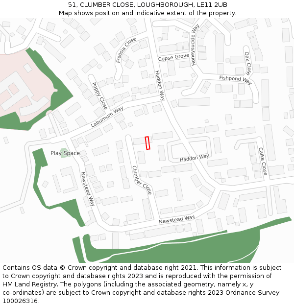 51, CLUMBER CLOSE, LOUGHBOROUGH, LE11 2UB: Location map and indicative extent of plot