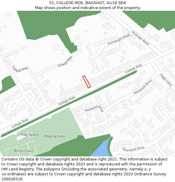 51, COLLEGE RIDE, BAGSHOT, GU19 5EW: Location map and indicative extent of plot