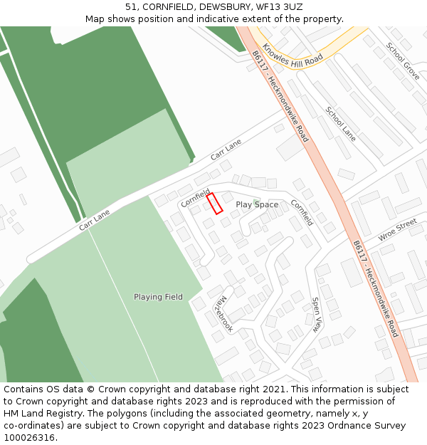 51, CORNFIELD, DEWSBURY, WF13 3UZ: Location map and indicative extent of plot