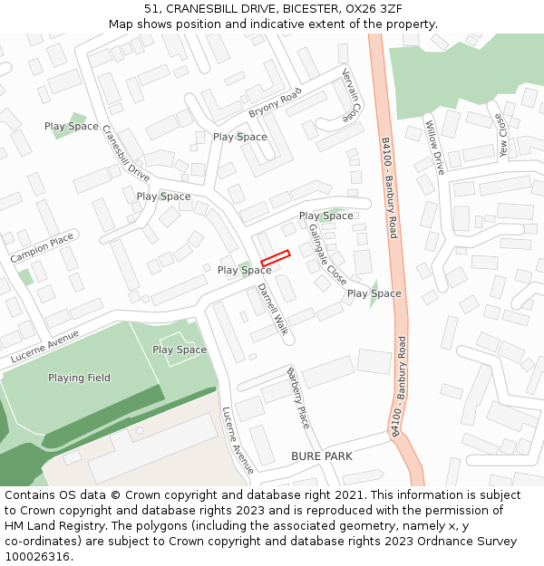 51, CRANESBILL DRIVE, BICESTER, OX26 3ZF: Location map and indicative extent of plot