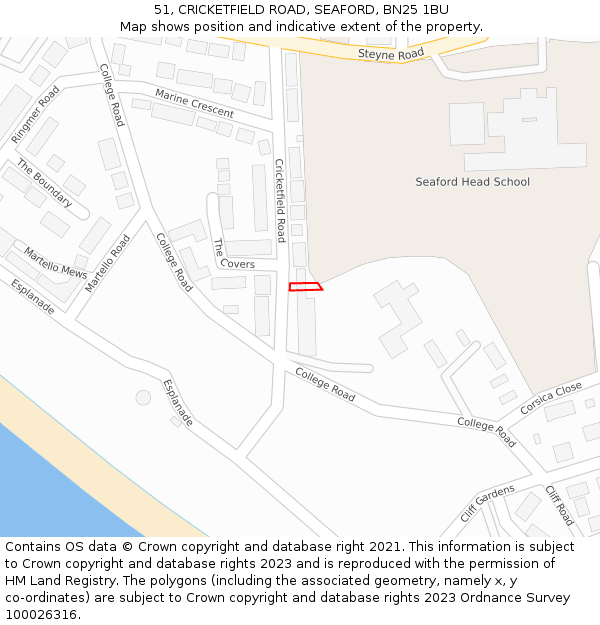 51, CRICKETFIELD ROAD, SEAFORD, BN25 1BU: Location map and indicative extent of plot