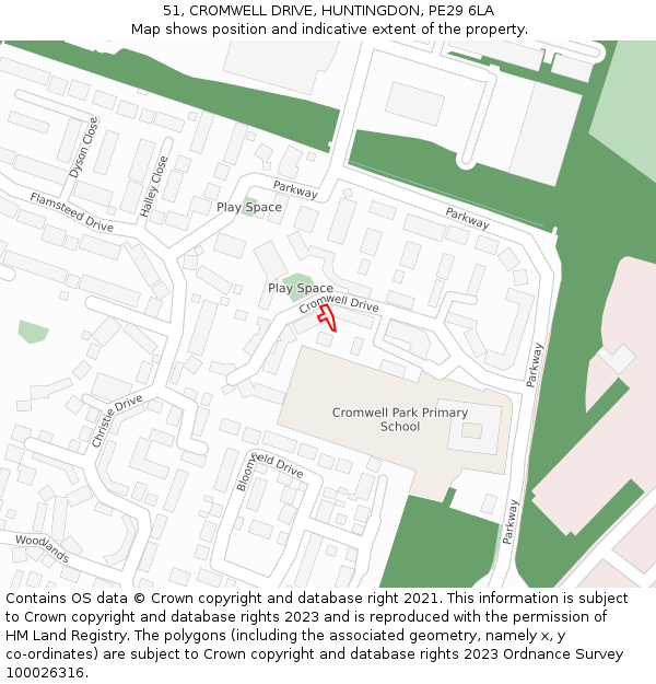 51, CROMWELL DRIVE, HUNTINGDON, PE29 6LA: Location map and indicative extent of plot