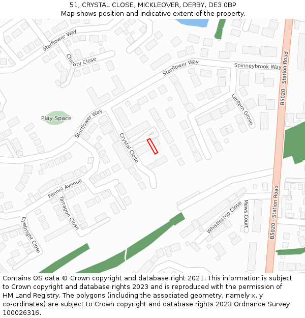 51, CRYSTAL CLOSE, MICKLEOVER, DERBY, DE3 0BP: Location map and indicative extent of plot