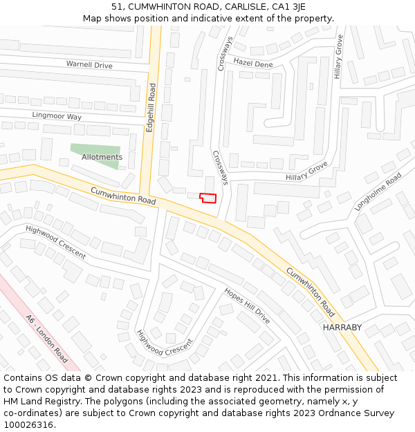 51, CUMWHINTON ROAD, CARLISLE, CA1 3JE: Location map and indicative extent of plot