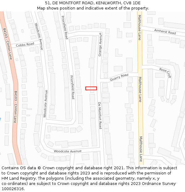 51, DE MONTFORT ROAD, KENILWORTH, CV8 1DE: Location map and indicative extent of plot