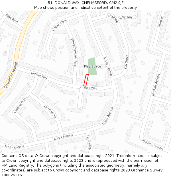 51, DONALD WAY, CHELMSFORD, CM2 9JE: Location map and indicative extent of plot