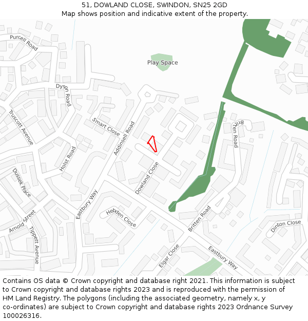 51, DOWLAND CLOSE, SWINDON, SN25 2GD: Location map and indicative extent of plot