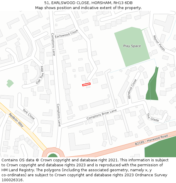 51, EARLSWOOD CLOSE, HORSHAM, RH13 6DB: Location map and indicative extent of plot
