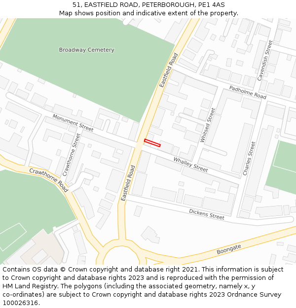 51, EASTFIELD ROAD, PETERBOROUGH, PE1 4AS: Location map and indicative extent of plot