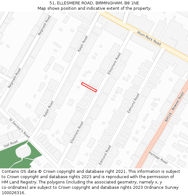 51, ELLESMERE ROAD, BIRMINGHAM, B8 1NE: Location map and indicative extent of plot