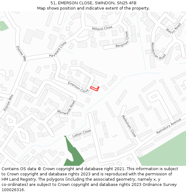 51, EMERSON CLOSE, SWINDON, SN25 4FB: Location map and indicative extent of plot
