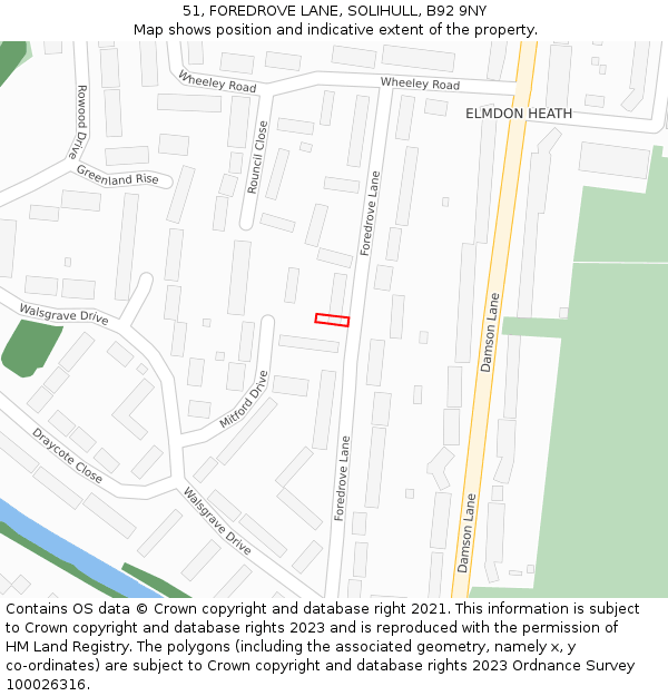 51, FOREDROVE LANE, SOLIHULL, B92 9NY: Location map and indicative extent of plot
