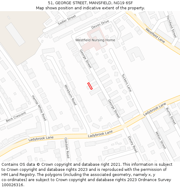 51, GEORGE STREET, MANSFIELD, NG19 6SF: Location map and indicative extent of plot