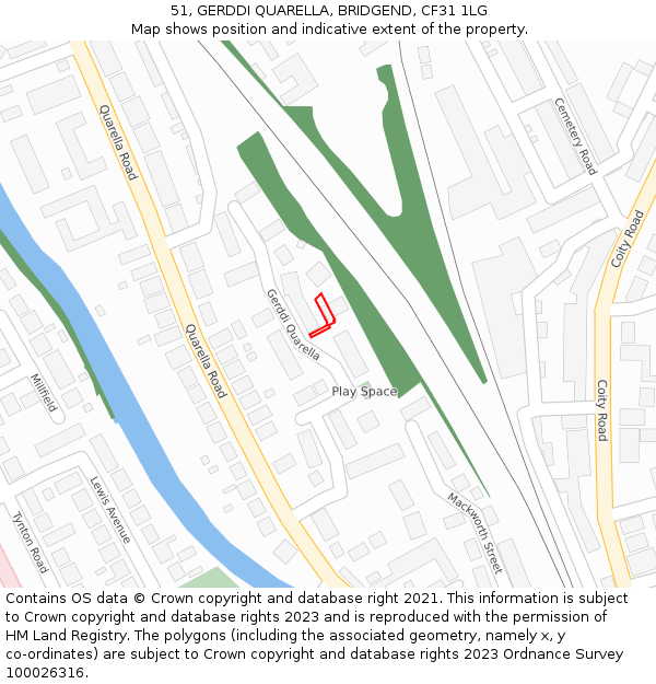 51, GERDDI QUARELLA, BRIDGEND, CF31 1LG: Location map and indicative extent of plot