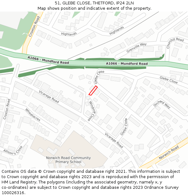 51, GLEBE CLOSE, THETFORD, IP24 2LN: Location map and indicative extent of plot