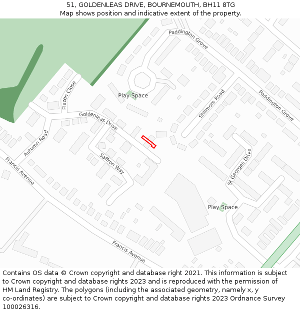 51, GOLDENLEAS DRIVE, BOURNEMOUTH, BH11 8TG: Location map and indicative extent of plot