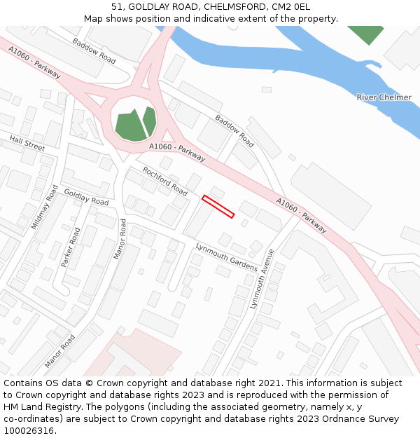 51, GOLDLAY ROAD, CHELMSFORD, CM2 0EL: Location map and indicative extent of plot