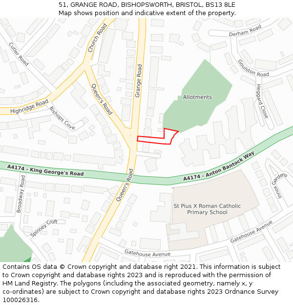 51, GRANGE ROAD, BISHOPSWORTH, BRISTOL, BS13 8LE: Location map and indicative extent of plot