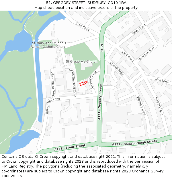 51, GREGORY STREET, SUDBURY, CO10 1BA: Location map and indicative extent of plot