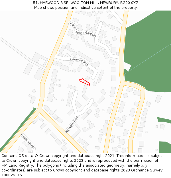 51, HARWOOD RISE, WOOLTON HILL, NEWBURY, RG20 9XZ: Location map and indicative extent of plot
